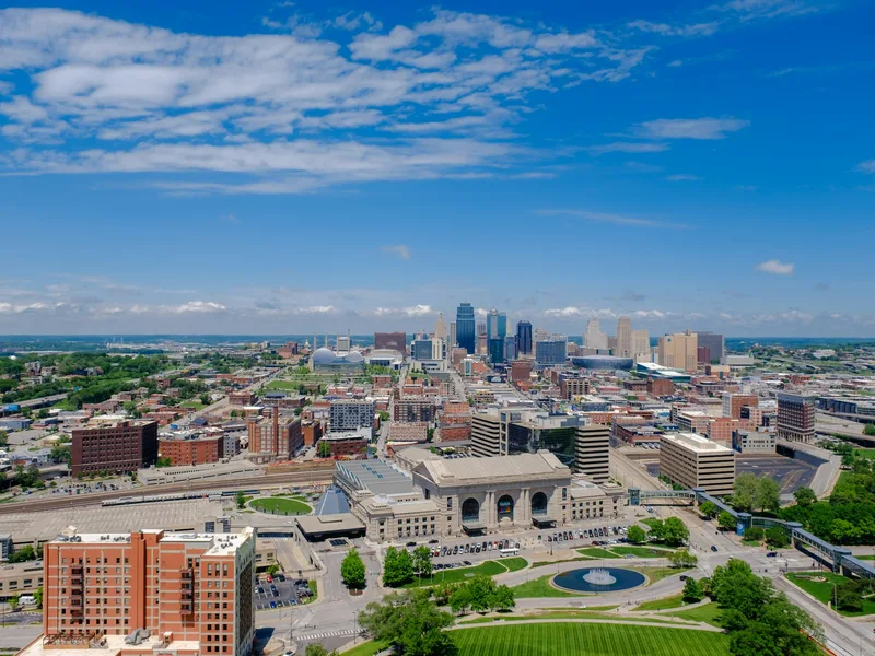 Downtown Kansas City, Missouri skyline with Union Station in the foreground