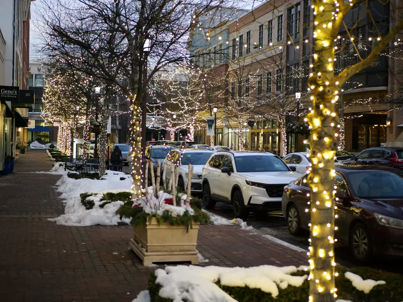 Town Center Plaza in Leawood, Kansas decorated with holiday lights