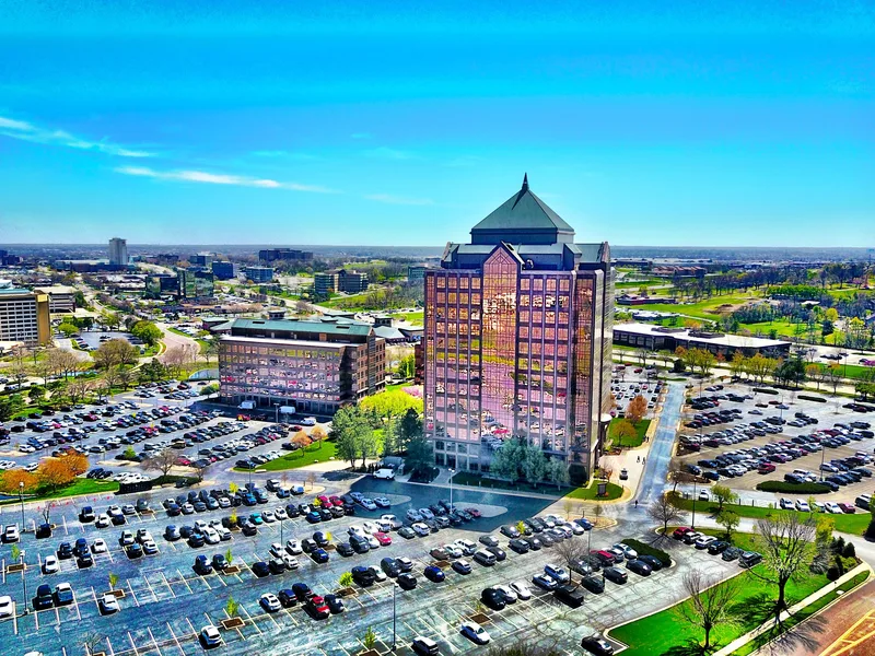 Aerial view of an office tower in Overland Park, Kansas
