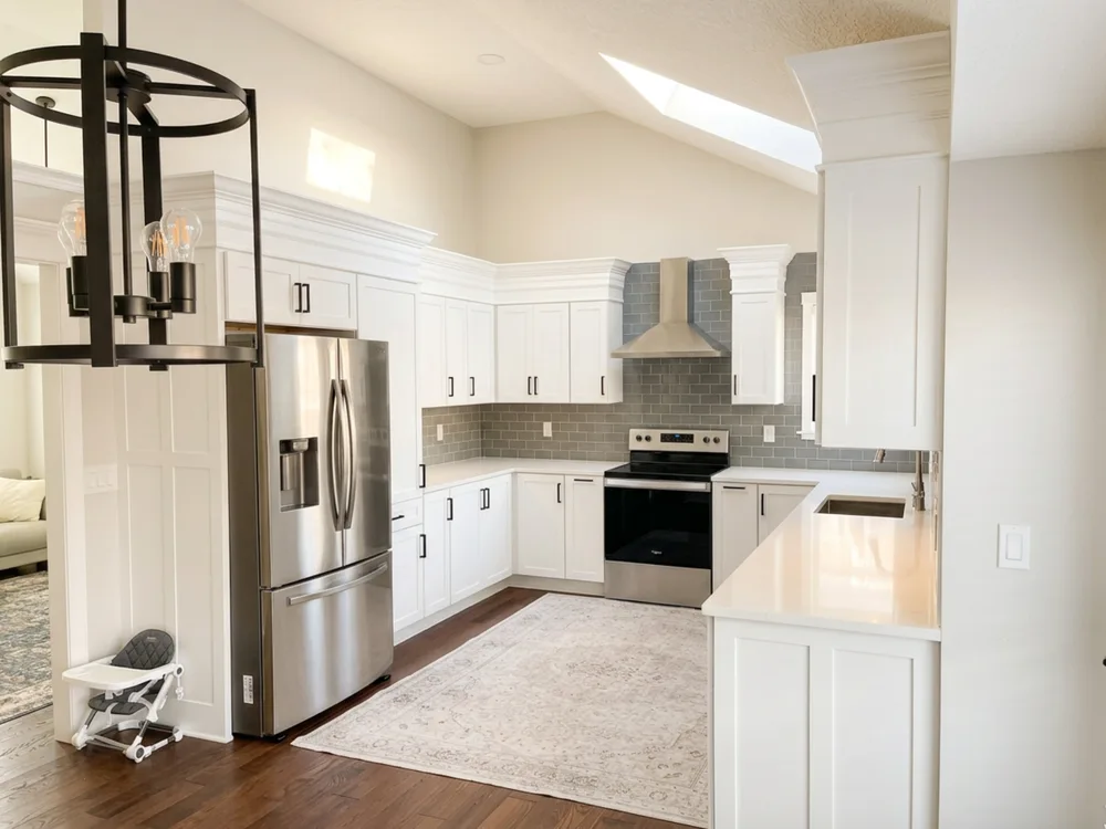 Whole-home remodel in North Kansas City, MO — finished kitchen with white shaker cabinetry, gray subway tile, and vaulted skylight ceiling