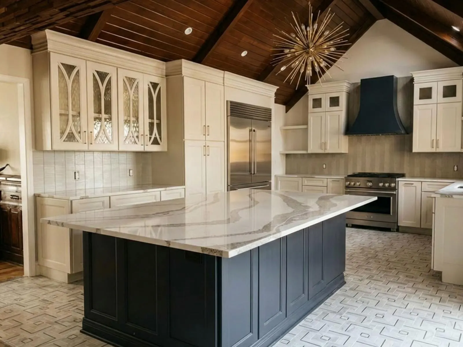 Vaulted wood-beamed ceiling kitchen with statement chandelier