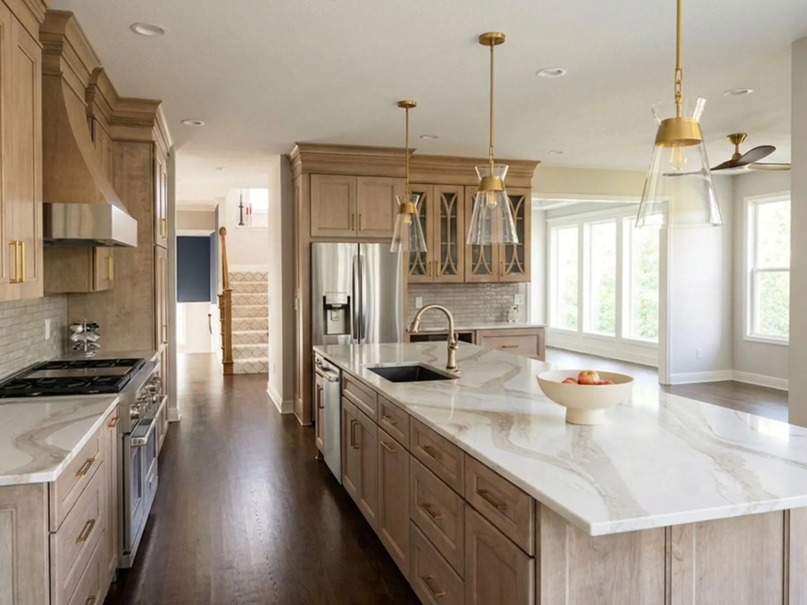 Custom kitchen island with pendant lighting in a Kansas City home